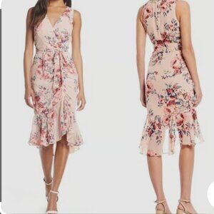 Elisa J Ruched Faux Wrap Ruffles Dress Pink 4